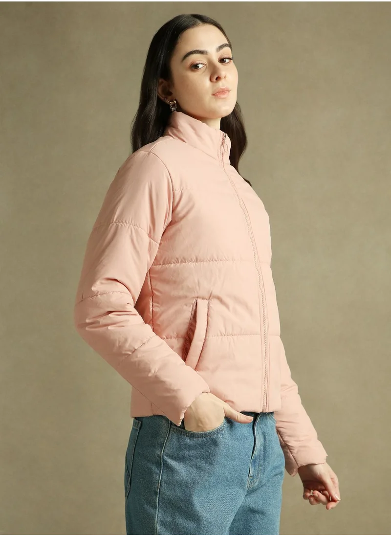 Dennis Lingo Women's Peach 100% Polyester Solid Regular Fit Jacket