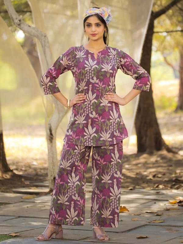 Tee Projekt Cotton Ethnic Wear Co Ord Set for Women | Travel Co Ord Set for Women Purple - Image 3