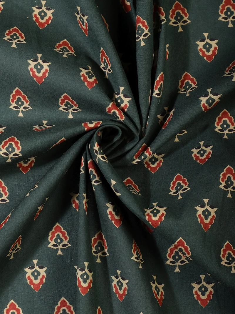 أيه كيه إس Pine Green Floral Buti Fabric With Paisley Border