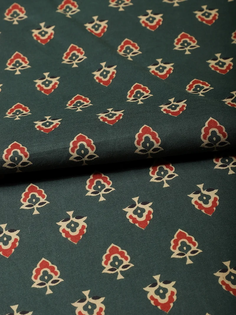 أيه كيه إس Pine Green Floral Buti Fabric With Paisley Border