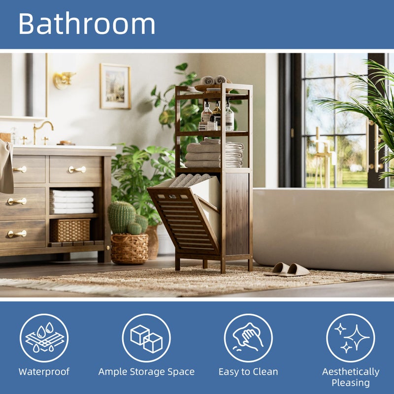 HITNET Bamboo Tilt Out Laundry Hamper, Bathroom Storage Cabinet with Hidden Removable Basket and 3 Open Shelves, Space Saving Bamboo Storage for Clothes, Towels and Toys, Walnut - Image 4