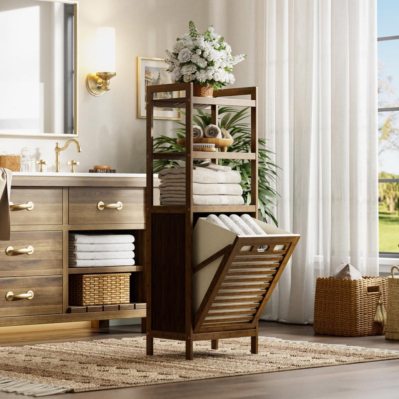 HITNET Bamboo Tilt Out Laundry Hamper, Bathroom Storage Cabinet with Hidden Removable Basket and 3 Open Shelves, Space Saving Bamboo Storage for Clothes, Towels and Toys, Walnut - Image 2