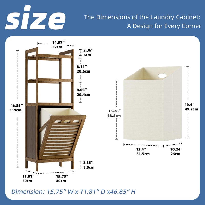 HITNET Bamboo Tilt Out Laundry Hamper, Bathroom Storage Cabinet with Hidden Removable Basket and 3 Open Shelves, Space Saving Bamboo Storage for Clothes, Towels and Toys, Walnut - Image 3