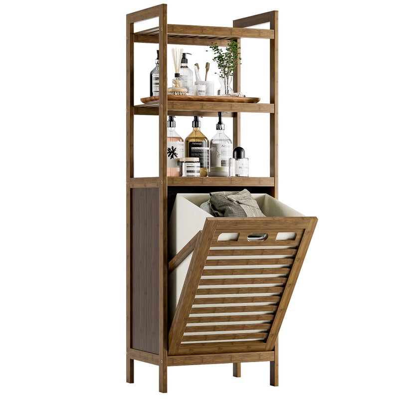 HITNET Bamboo Tilt Out Laundry Hamper, Bathroom Storage Cabinet with Hidden Removable Basket and 3 Open Shelves, Space Saving Bamboo Storage for Clothes, Towels and Toys, Walnut - Image 1