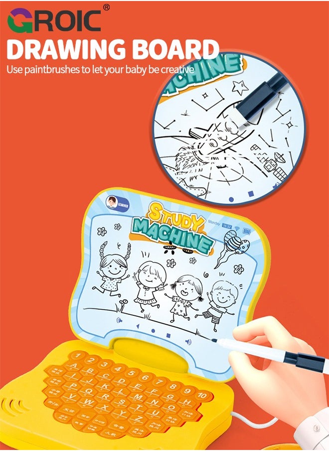 GROIC Learning Computers with Drawing Board for Kids,Educational and Bilingual Laptop Chinese and English,Kids Toy Laptop Tablet Learning Educational Game for Kids - Yellow  - Image 5