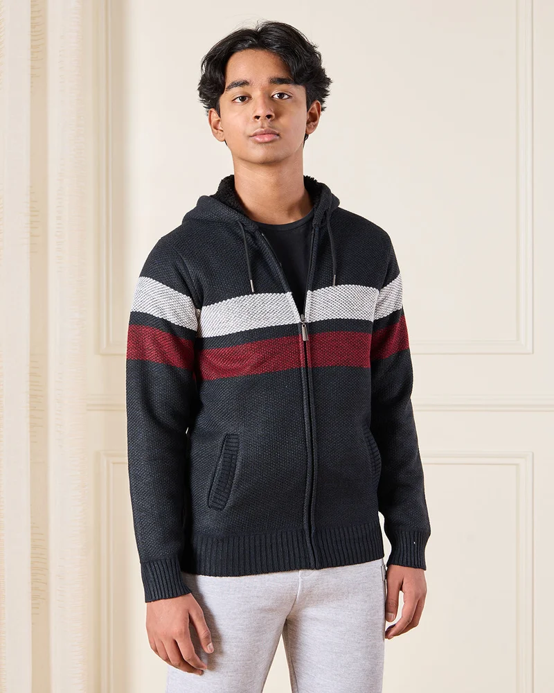 REDTAG Senior Boys Assorted Sherpa Lining Zip Thru Hoody Cardigan