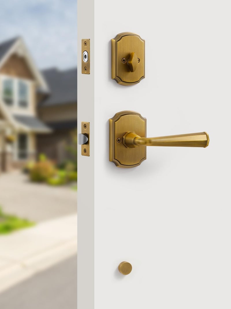 SORWDUERM 1 Pack Antique Brass Front Door Handle and Deadbolt Set Reversible Lever Entry Handleset with Lock and Key Single Cylinder - Image 5