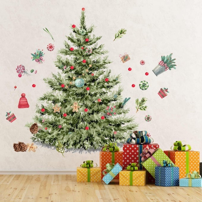 59X47 INCH LARGE CHRISTMAS TREE WALL DECALS DIY WATERCOLOR DECAL REMOVABLE CHRISTMAS TREE GAINT WALL STICKERS FOR BATHROOM BEDROOM LIVING ROOM OFFICES HOME DECORATION DECAL