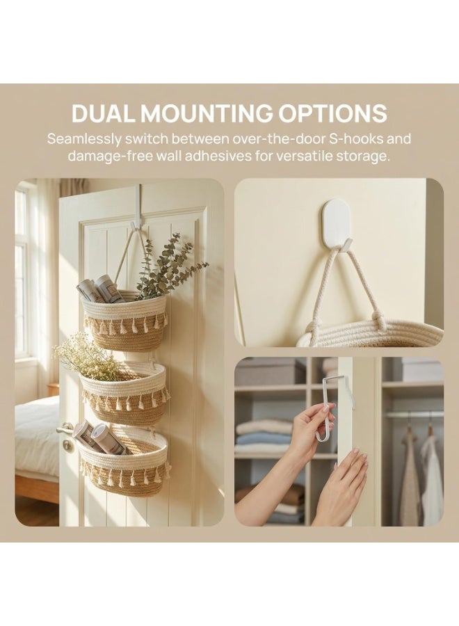 Hanging Baskets for Organizing,Bathroom Organizers and Storage,3-Tier Woven Cotton Wall-Mounted Storage Organizer Bag Decorative,Kitchen,Living Room,Bedroom,Nursery - Image 3