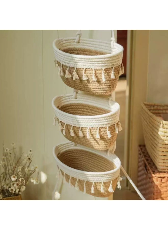 Hanging Baskets for Organizing,Bathroom Organizers and Storage,3-Tier Woven Cotton Wall-Mounted Storage Organizer Bag Decorative,Kitchen,Living Room,Bedroom,Nursery - Image 1