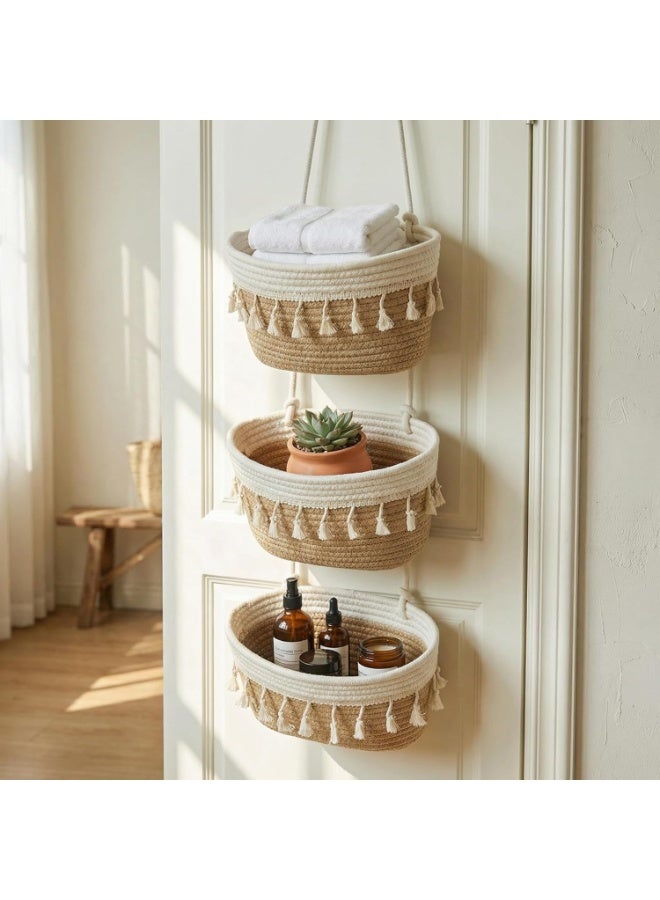 Hanging Baskets for Organizing,Bathroom Organizers and Storage,3-Tier Woven Cotton Wall-Mounted Storage Organizer Bag Decorative,Kitchen,Living Room,Bedroom,Nursery - Image 5