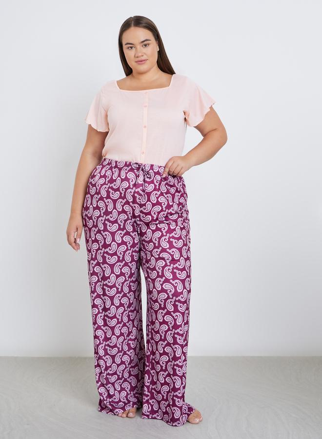 Styli Plus Square Neck Lettuce Hem Top and Paisley Print Pyjama Set - Image 5