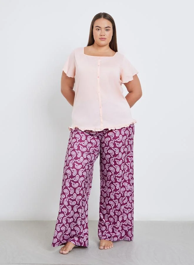 Styli Styli Plus Square Neck Lettuce Hem Top and Paisley Print Pyjama Set
