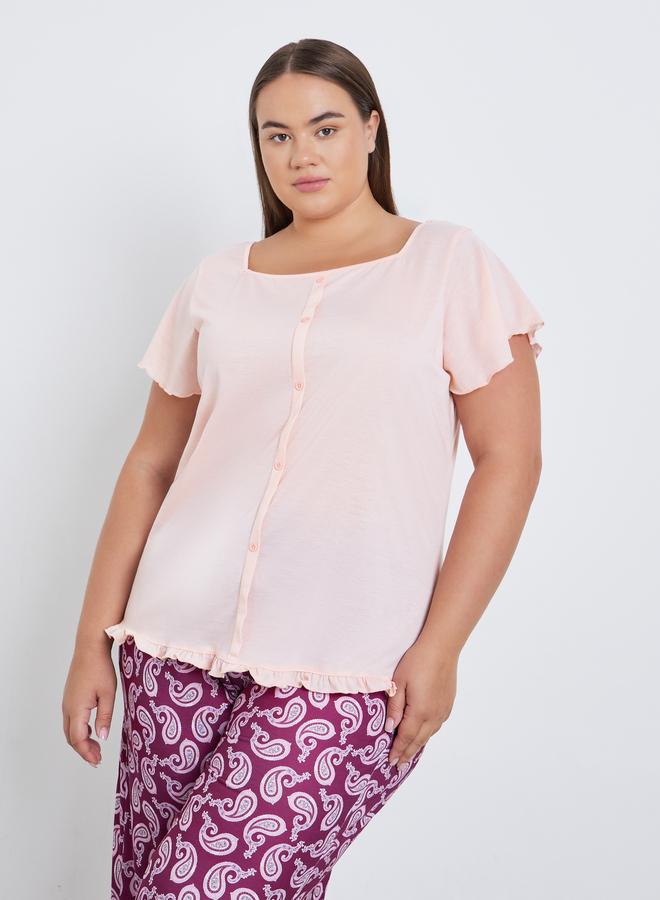 Styli Plus Square Neck Lettuce Hem Top and Paisley Print Pyjama Set - Image 3