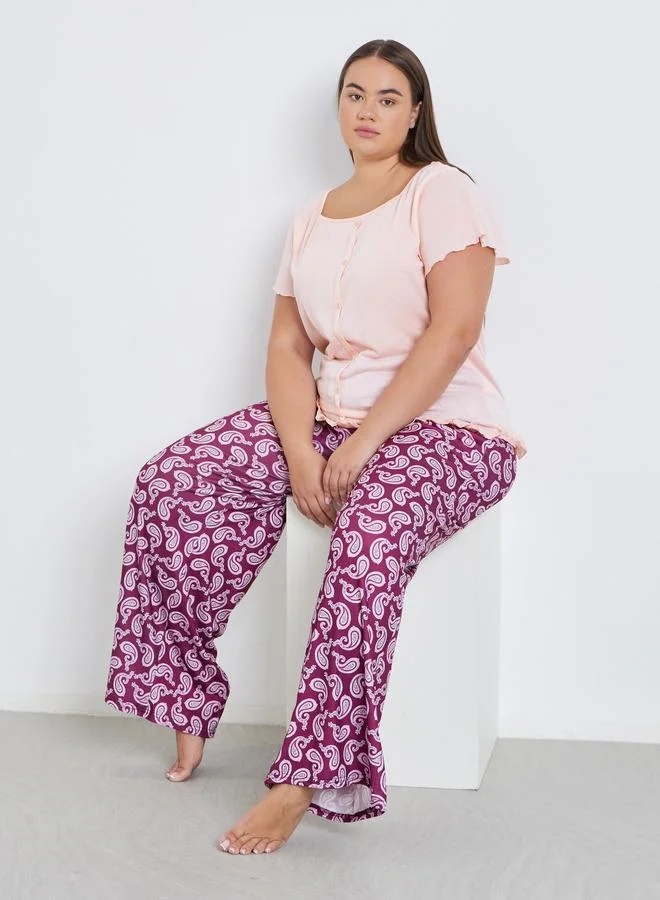 Styli Styli Plus Square Neck Lettuce Hem Top and Paisley Print Pyjama Set