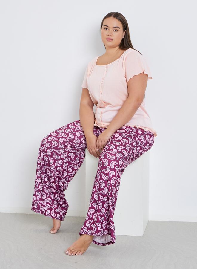 Styli Plus Square Neck Lettuce Hem Top and Paisley Print Pyjama Set - Image 1