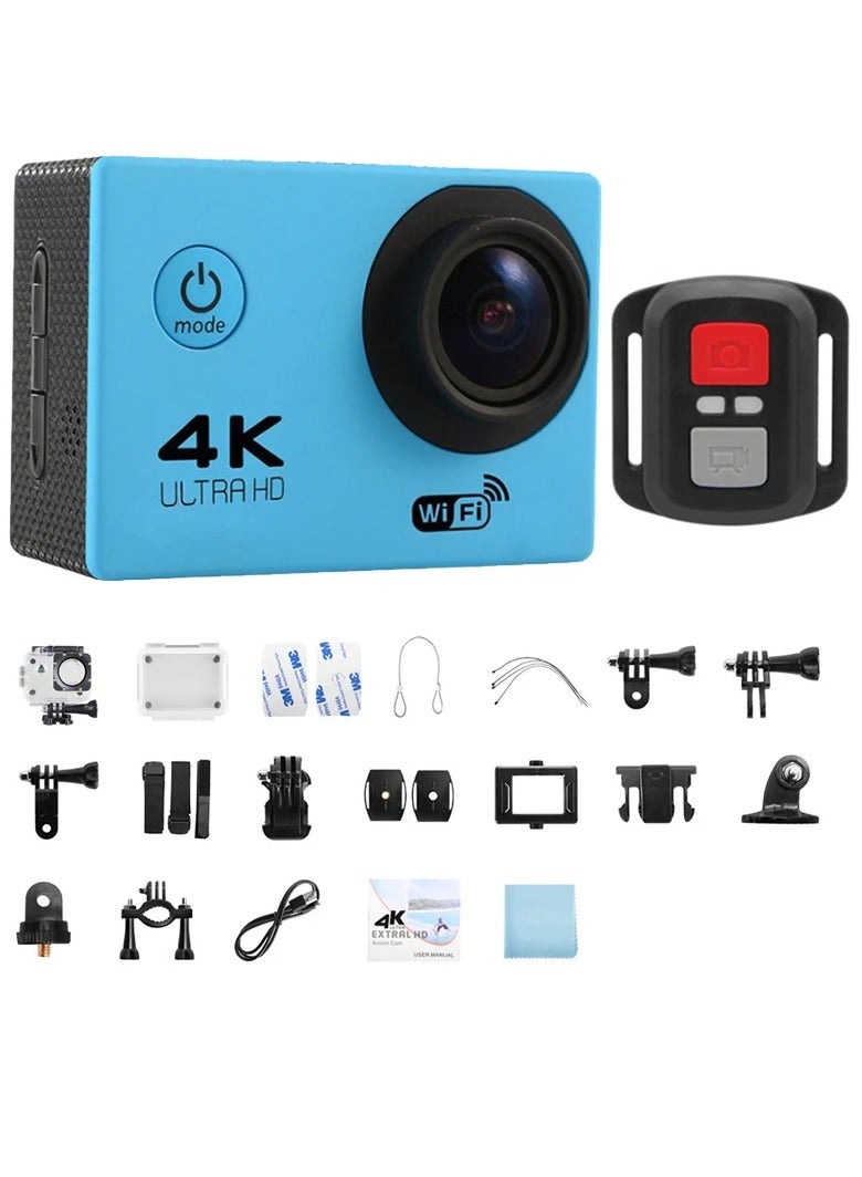 ارواق كاميرا أكشن، كاميرا واي فاي متعددة الوظائف مقاومة للماء تحت الماء، كاميرا فيديو فائقة الدقة للتحكم عن بعد، كاميرا تسجيل فيديو خوذة قابلة لإعادة الشحن لمدونات الفيديو، (قطعة واحدة، أزرق) - Image 1