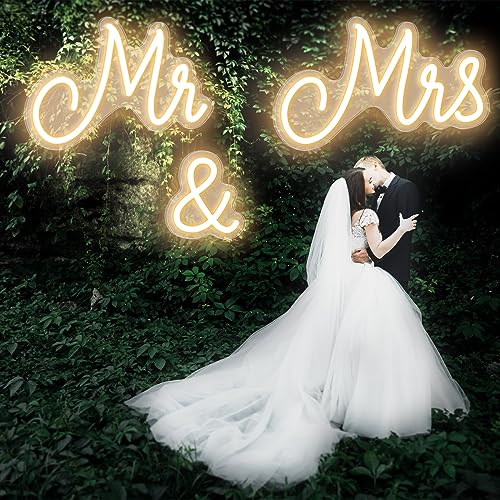 Kittmip Mr and Mrs Neon Sign for Wedding Neon Light LED Backdrop Wall Decor USB Wedding Reception Decoration Gifts for Anniversary Engagement Banquet(36.81 x 10.24 Inch,Warm White) - Image 1