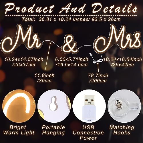 Kittmip Mr and Mrs Neon Sign for Wedding Neon Light LED Backdrop Wall Decor USB Wedding Reception Decoration Gifts for Anniversary Engagement Banquet(36.81 x 10.24 Inch,Warm White) - Image 2