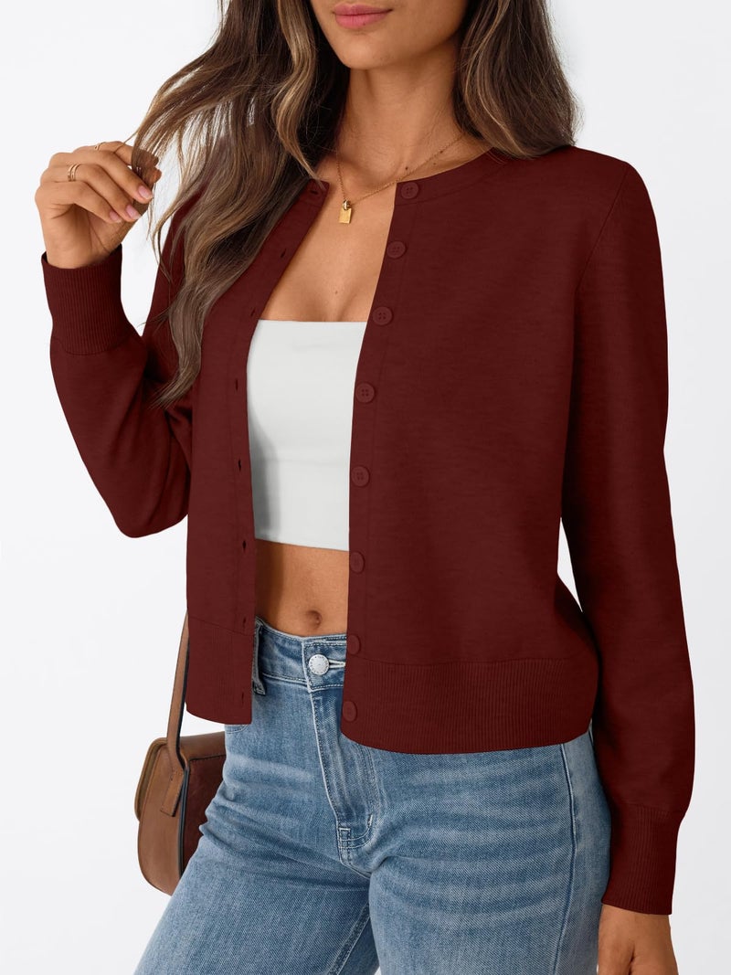 Trendy Queen Cardigan Sweaters for Women Lightweight Cropped Crew Neck Outfits Fall Fashion 2026 Spring Clothing Burgundy L - Image 3