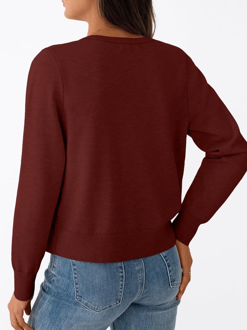 Trendy Queen Cardigan Sweaters for Women Lightweight Cropped Crew Neck Outfits Fall Fashion 2026 Spring Clothing Burgundy L - Image 4