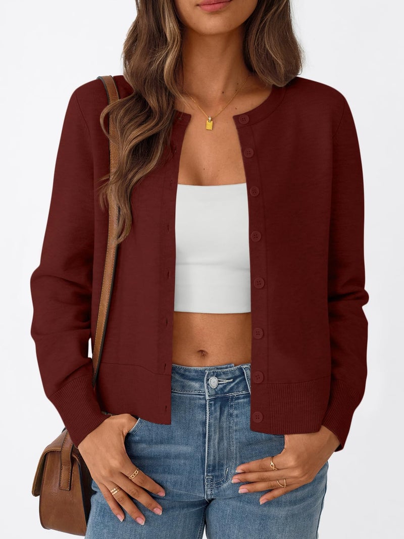 Trendy Queen Cardigan Sweaters for Women Lightweight Cropped Crew Neck Outfits Fall Fashion 2026 Spring Clothing Burgundy L - Image 2
