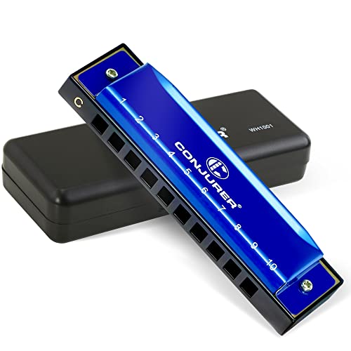 CONJURER هارمونيكا كونجورر الزرقاء للمبتدئين البالغين 10 ثقوب هارمونيكا دياتونيك مفتاح C، آلة موسيقية معدنية من النحاس مفتاح C هارمونيكا بلوز مع حقيبة، زرقاء - Image 1