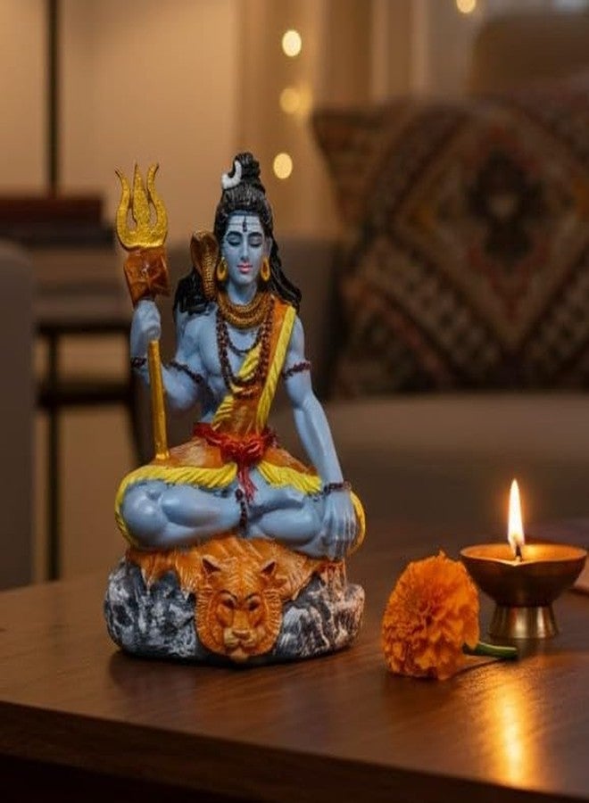 RIANZ® 9cm Lord Shiva Meditating Idol - Polyresin Shiv Ji Murti for Car Dashboard, Home Pooja, Office Decor - Blue Mahadev Statue with Trishul & Tiger Base (Multicolor) - Image 1