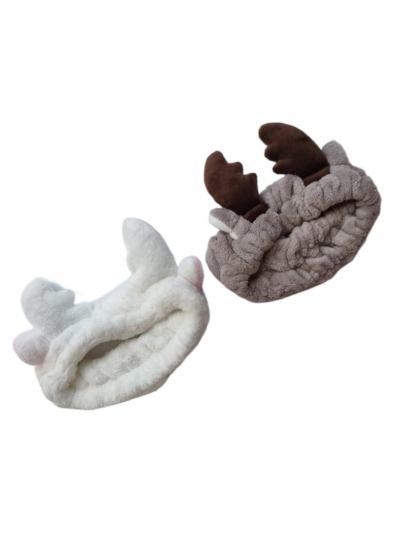 Jilukibo - Jilukibo 2 Pack Animal Deer Antler Cat Ear Wash Headband Soft Elastic Makeup Washing Face Hair Band Soft Shower Facial Headwraps Hairlace for Women Girls Yoga Spa Mask White Brown - Image 1
