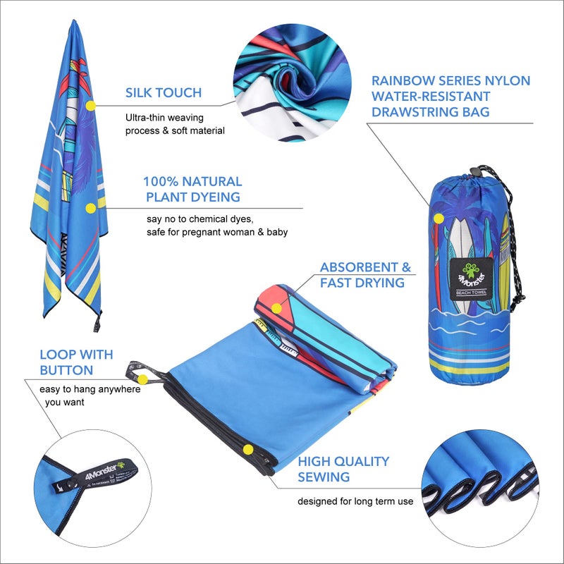 4Monster Microfiber Beach Towel Quick Dry,Super Absorbent Lightweight Travel Towel for Swimmers, Sand Free Camping Towel, Beach Towels for Pool,Swim,Water Sports,Yoga - Image 3