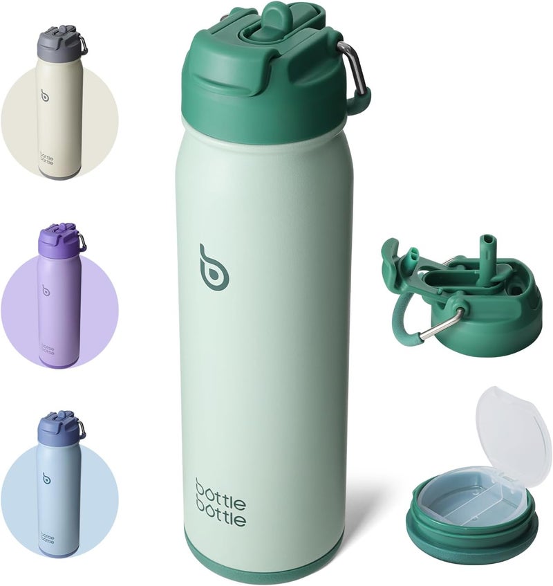 bottle bottle زجاجة زجاجة 24 أونصة من الفولاذ المقاوم للصدأ المعزول زجاجة ماء رياضية مع قشة وحامل حبوب - أخضر - Image 1