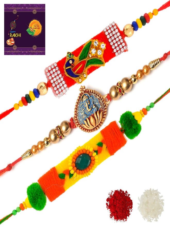 RA-Rock Three Designer Rakhi Combo Set for Brother Sister and Family