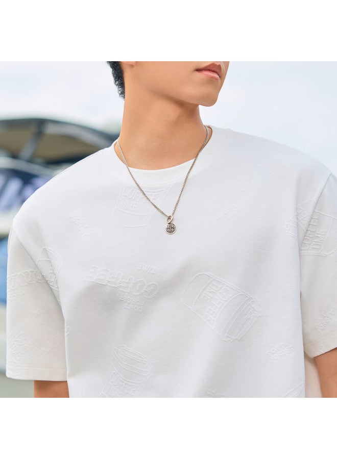 Cabbeen Men's Textured Short Sleeve T-shirt With Round Neck Loose Fit Embroidered Top White 12 - Image 2