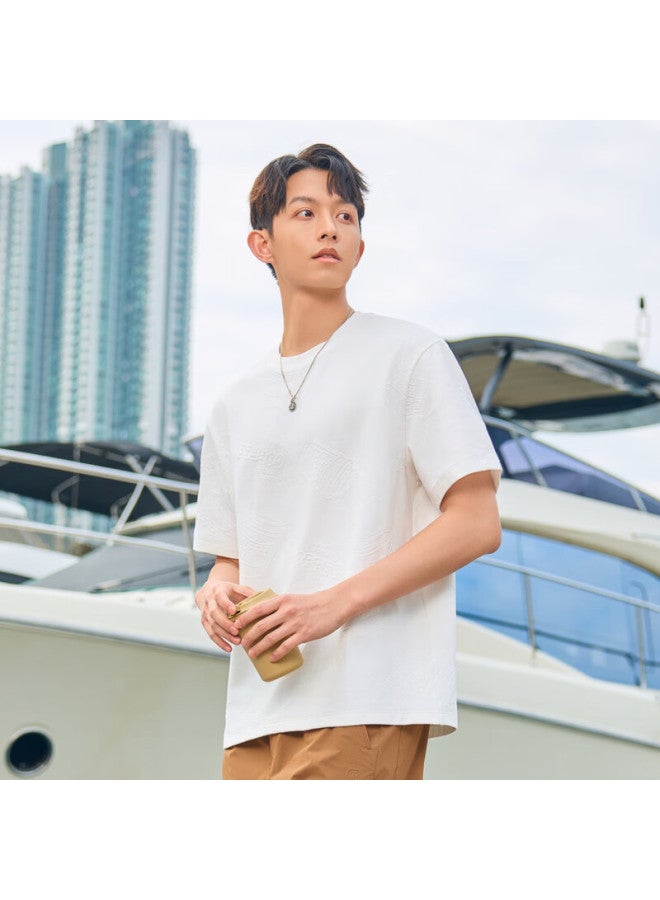 Cabbeen Men's Textured Short Sleeve T-shirt With Round Neck Loose Fit Embroidered Top White 12 - Image 3