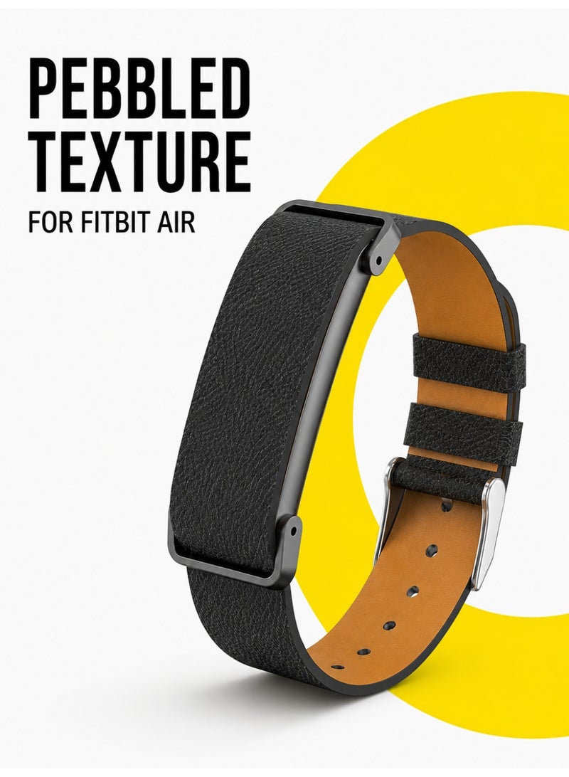 BASEMENT-1 Leather Band Compatible With Google Fitbit Air, Replacement Strap with Adjustable Metal Protective Case, Textured Leather Wristband, 130-210mm, Black - Image 1