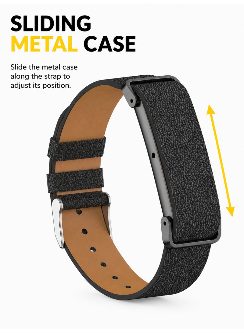 BASEMENT-1 Leather Band Compatible With Google Fitbit Air, Replacement Strap with Adjustable Metal Protective Case, Textured Leather Wristband, 130-210mm, Black - Image 2