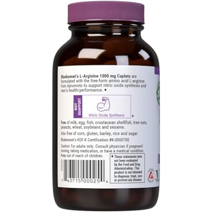 Bluebonnet Nutrition L-Arginine 1000mg, Free-Form Amino Acid, Nitric Oxide Precursor, Gluten-Free, Non-GMO, Kosher Certified, Vegan, 50 Caplets, 50 Servings - Image 3