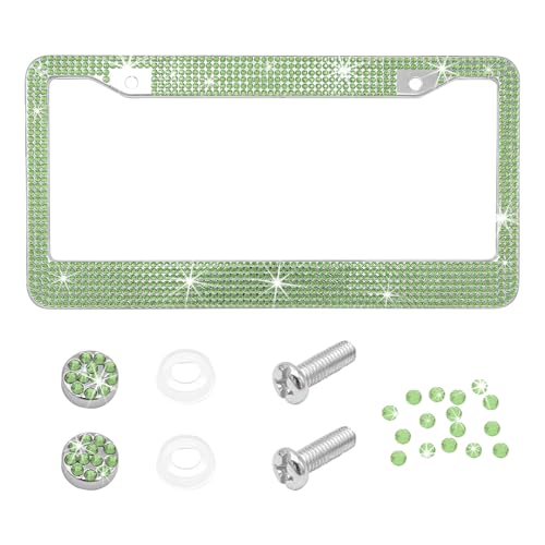 NYTKL Bling Car License Plate Frame Handcrafted Crystal Car Tag Frame with Sparkly Screw Caps Shiny Rhinestone Stainless Steel Licence Plate Holder Decor for Women Girls Light Green - Image 1