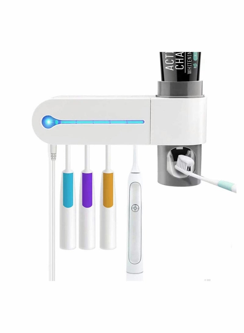 Excefore حامل فرشاة الأسنان UV، مثبت على الحائط، مجموعة موزع معجون الأسنان التلقائي القابلة لإعادة الشحن عبر USB مع 5 حاملات فرشاة أسنان - Image 1