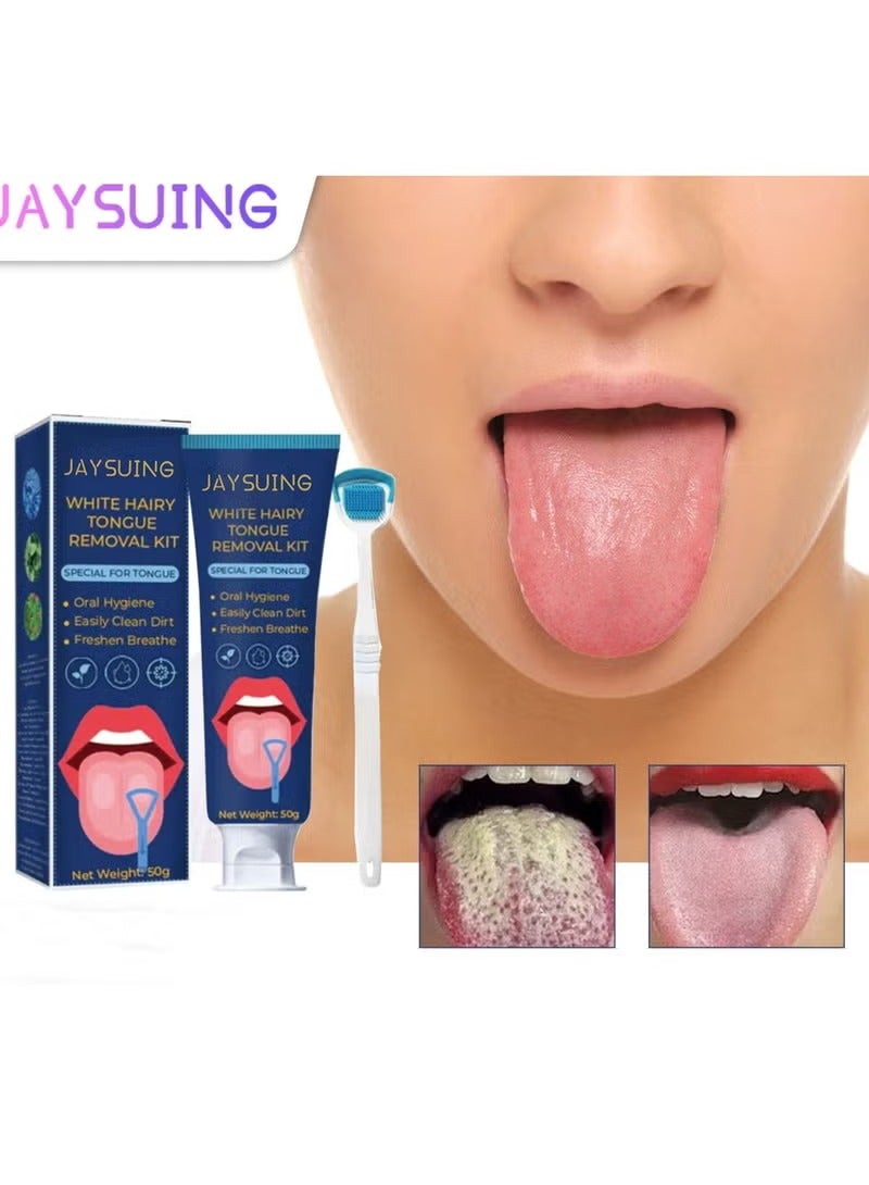 Jaysuing White hair tongue removal kit, tongue scraper cleaning kit, tongue cleaning gel with cleaning brush to freshen breath - Image 1