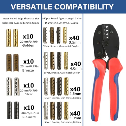 Sopnom Aglets for Shoelaces Aglet Crimping Tool Shoelace Aglets Tool and 200Pcs Shoe Lace Ends Tips Metal Aglets in 4 Colors 4 sizes 354455mm Repair Aglet for ShoelaceHoodiesPantsSneakers - Image 3