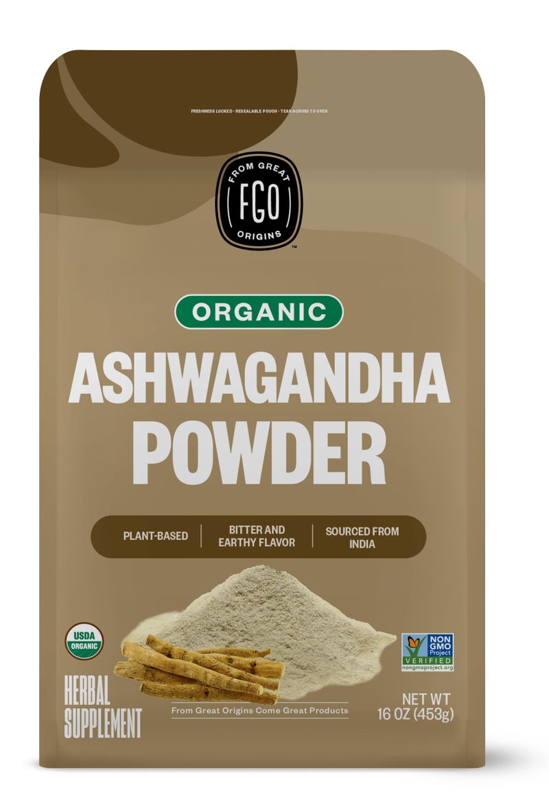 FGO Organic Ashwagandha Root Powder, 16oz Resealable Bulk Bag, Non-GMO, Indian Ginseng, Withania Somnifera, Sourced from India (Pack of 1) - Image 1