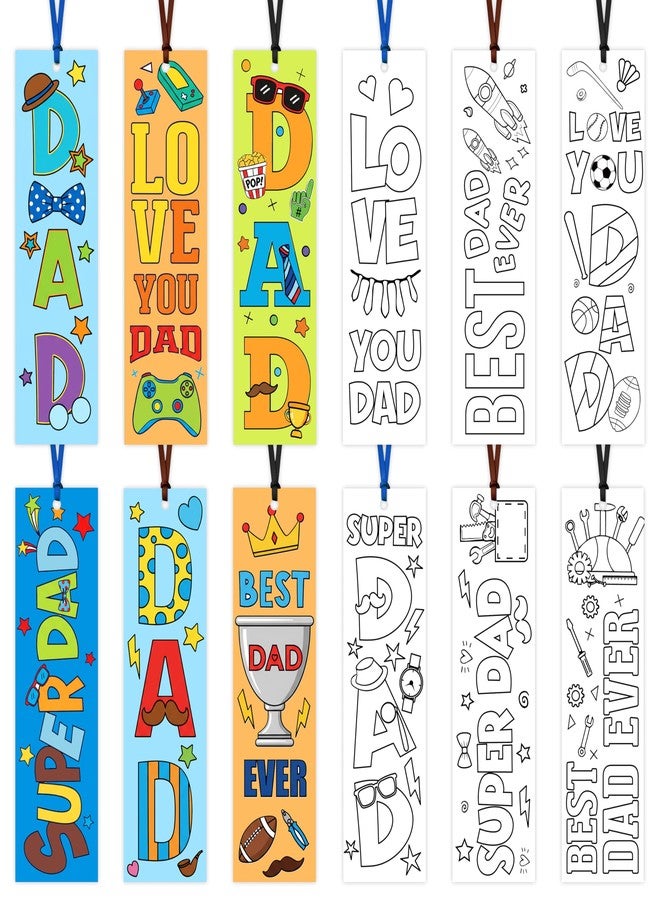 ANGOLIO Father's Day Color Your Own Bookmarks for Kids, 123Pcs DIY Father's Day Crafts for Classroom School Students, Coloring Dad Bulk Blank Bookmarks Set with Ribbons for Home Holiday Party Favor - Image 1