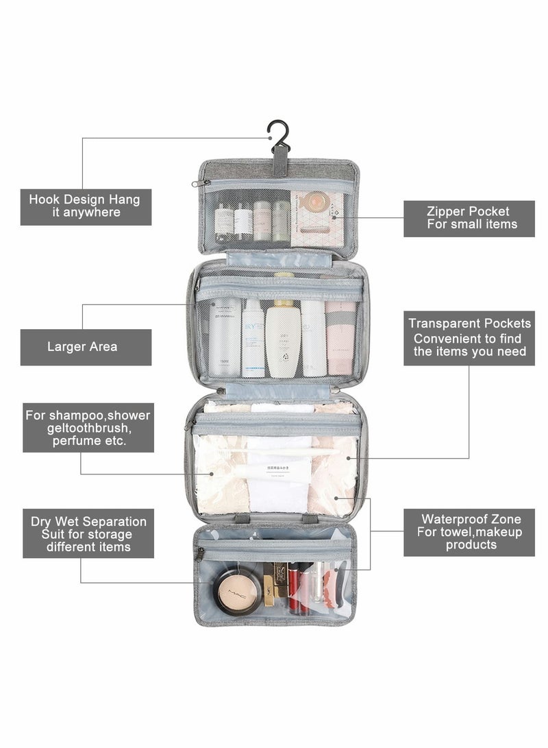 Large Hanging Travel Toiletry Bag for Men & Women - 4 Compartments Cosmetic Organizer for Full-Sized Shampoo & Travel Accessories - Stylish Gray Design - Image 3