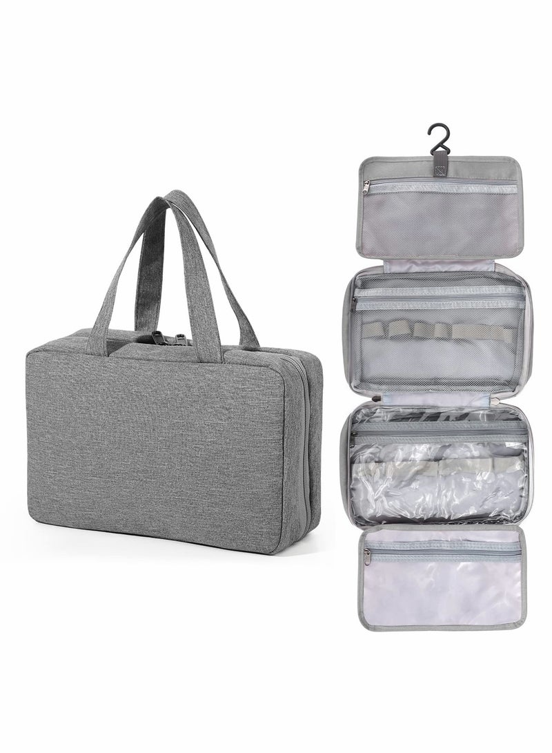Large Hanging Travel Toiletry Bag for Men & Women - 4 Compartments Cosmetic Organizer for Full-Sized Shampoo & Travel Accessories - Stylish Gray Design - Image 1