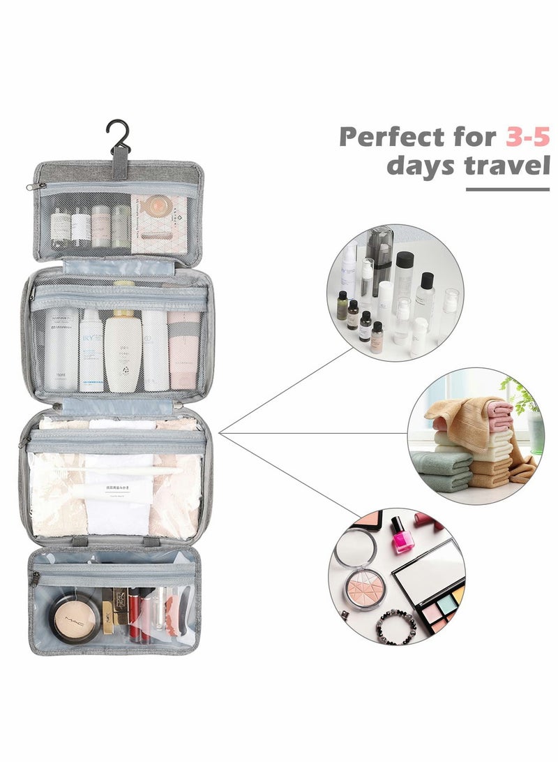 Large Hanging Travel Toiletry Bag for Men & Women - 4 Compartments Cosmetic Organizer for Full-Sized Shampoo & Travel Accessories - Stylish Gray Design - Image 4