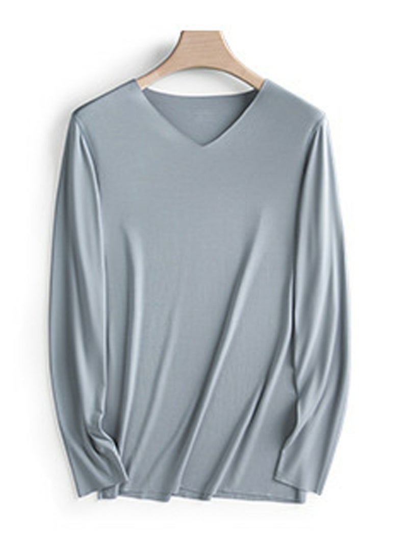 Loquat Mens Solid Color Soft Seamless V-Neck Thermal Underwear Shirt Cold Weather Base Layer,Long Sleeve T-Shirt Bluish Grey 