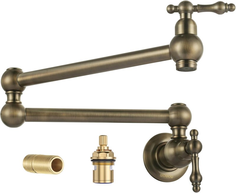 WOWOW Antique Bronze Pot Filler Faucet - Brass Pot Filler Wall Mount Kitchen Stove Faucet with Double Joint Swing Arms - Image 1