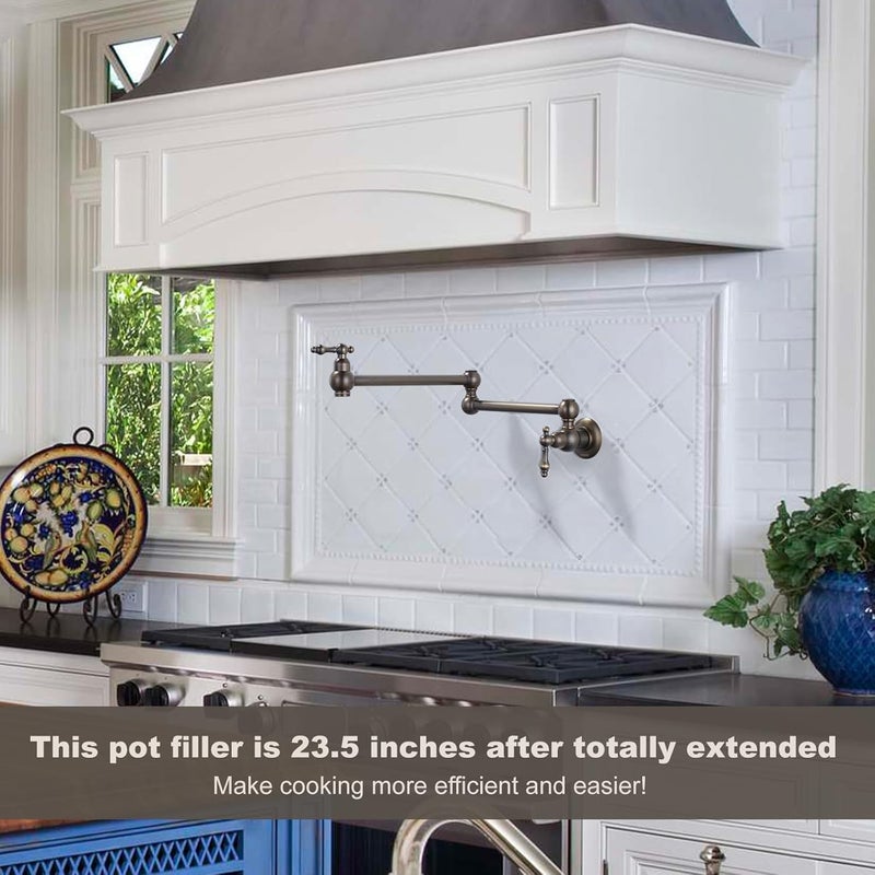 WOWOW Antique Bronze Pot Filler Faucet - Brass Pot Filler Wall Mount Kitchen Stove Faucet with Double Joint Swing Arms - Image 3