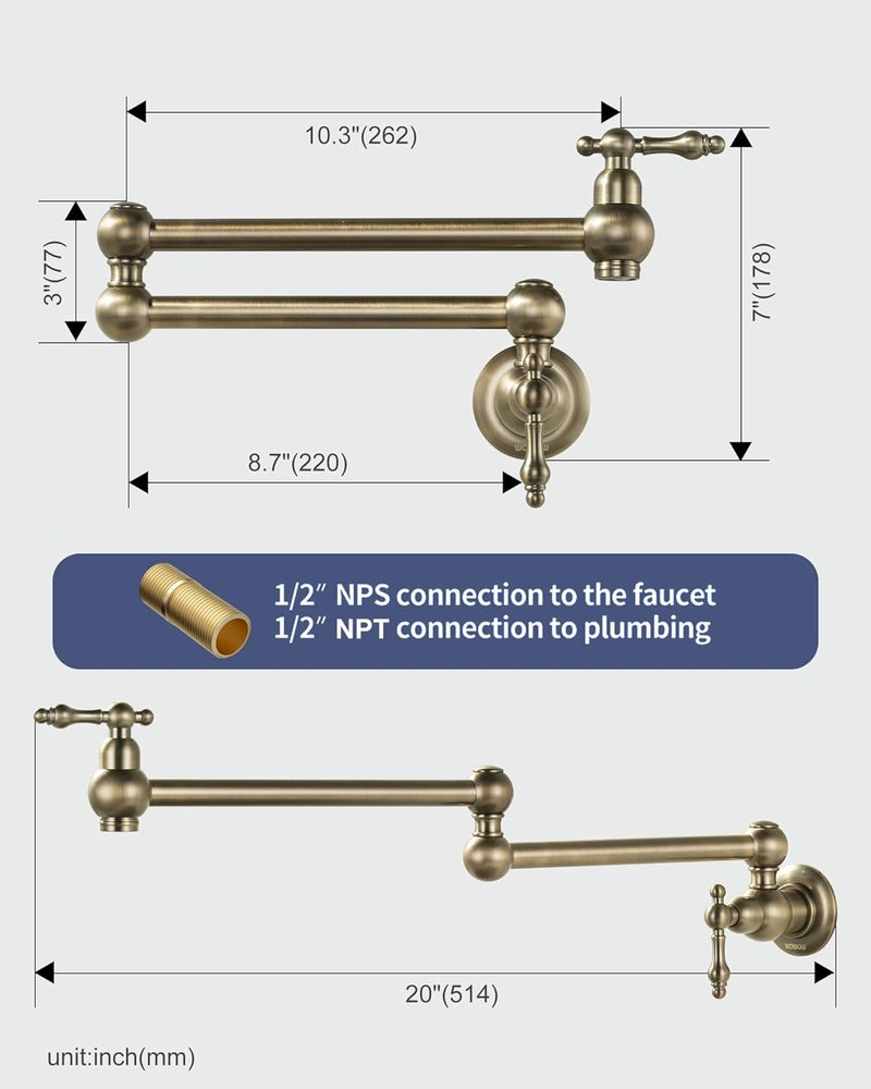 WOWOW Antique Bronze Pot Filler Faucet - Brass Pot Filler Wall Mount Kitchen Stove Faucet with Double Joint Swing Arms - Image 5
